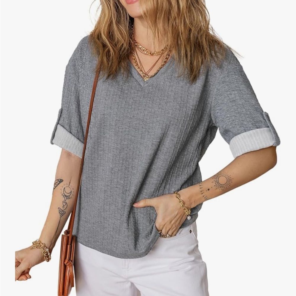 SZ Med Tops V Neck Short Sleeve Rolled Hem Loose Blouses T Shirts